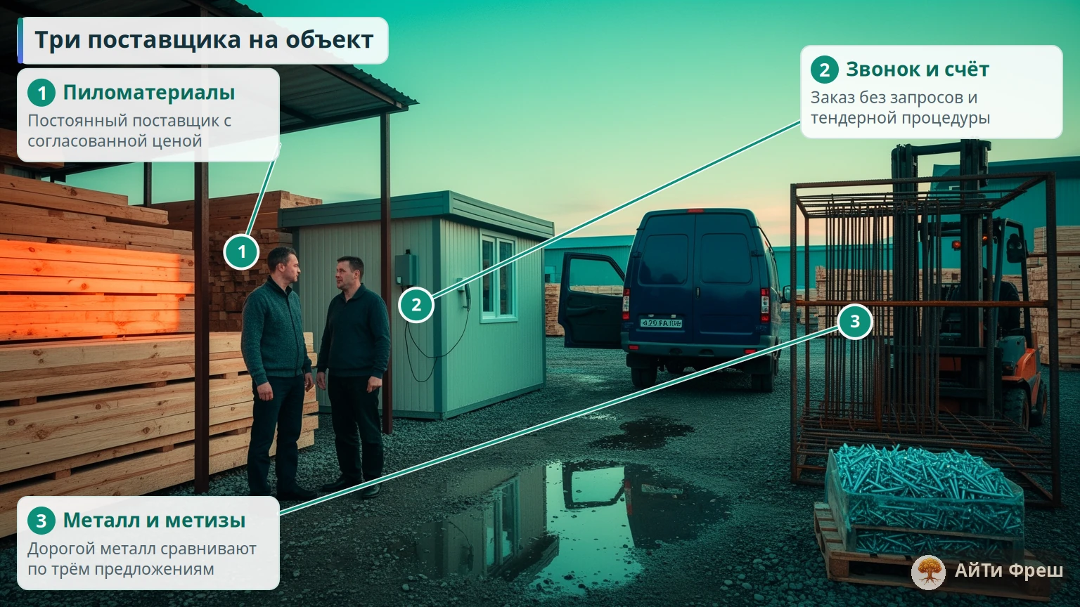 Снабженец и прораб на складе стройматериалов, слева пиломатериалы, в центре конторка, справа арматура и метизы
