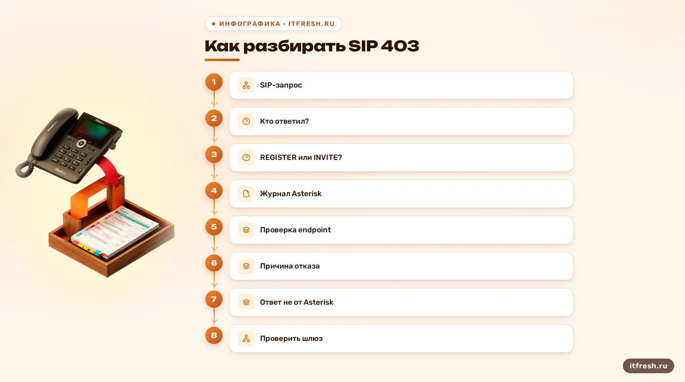 Схема первичной диагностики ответа SIP 403 в Asterisk