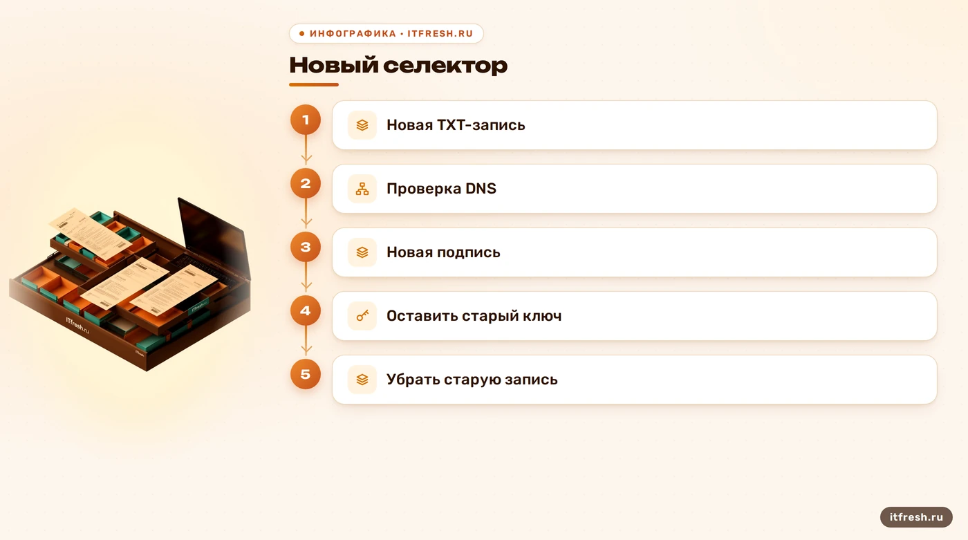 Этапы ротации DKIM-ключа с периодом перекрытия.