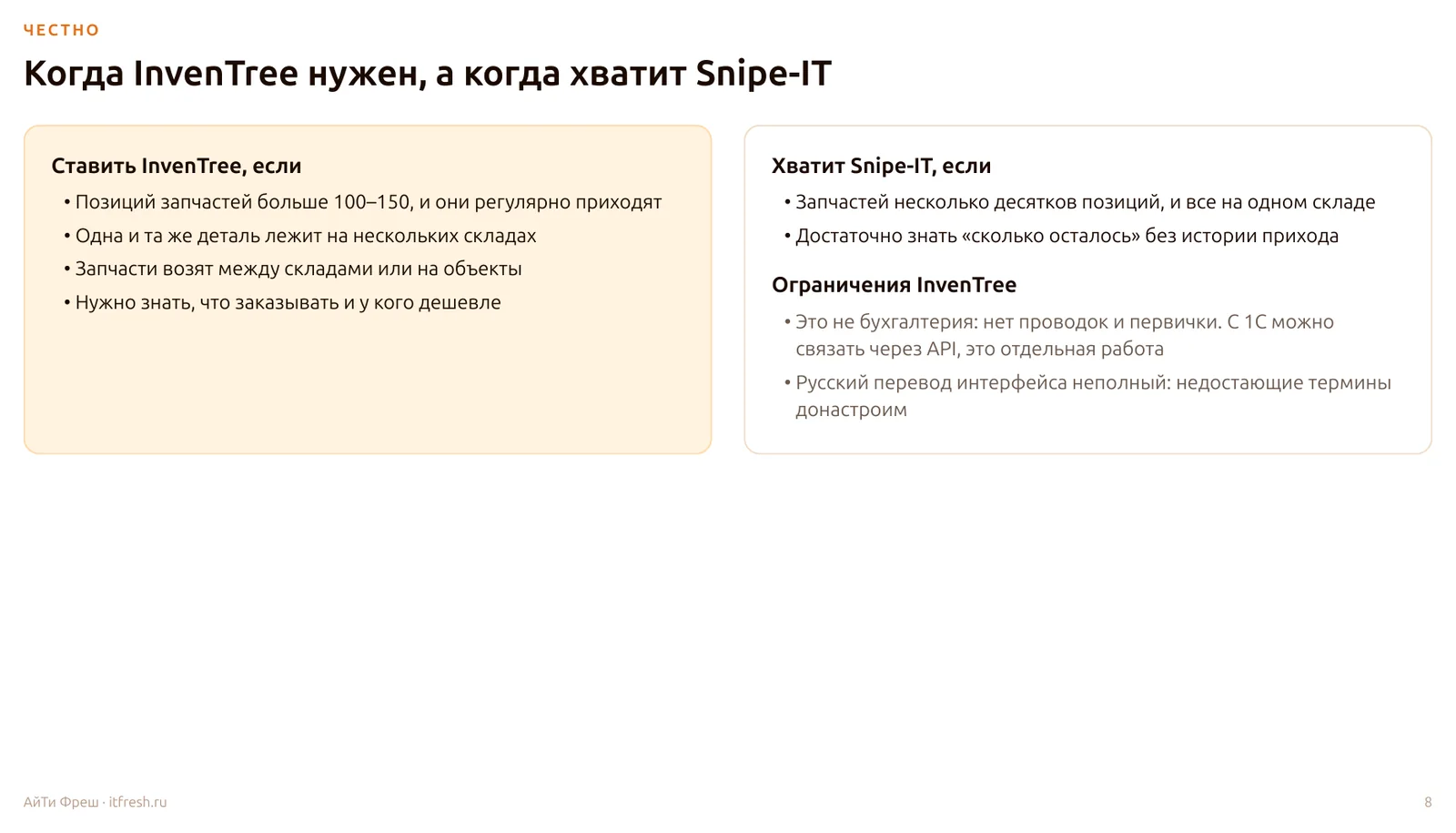 Слайд «Когда InvenTree нужен, а когда хватит Snipe-IT»: критерии выбора и ограничения InvenTree — нет проводок, неполный перевод