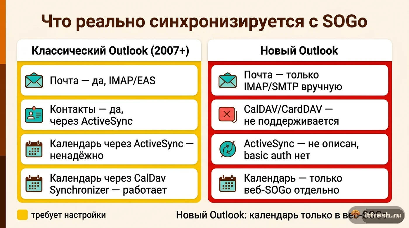 Сравнение синхронизации с SOGo в классическом Outlook и в новом Outlook: почта, контакты, календарь