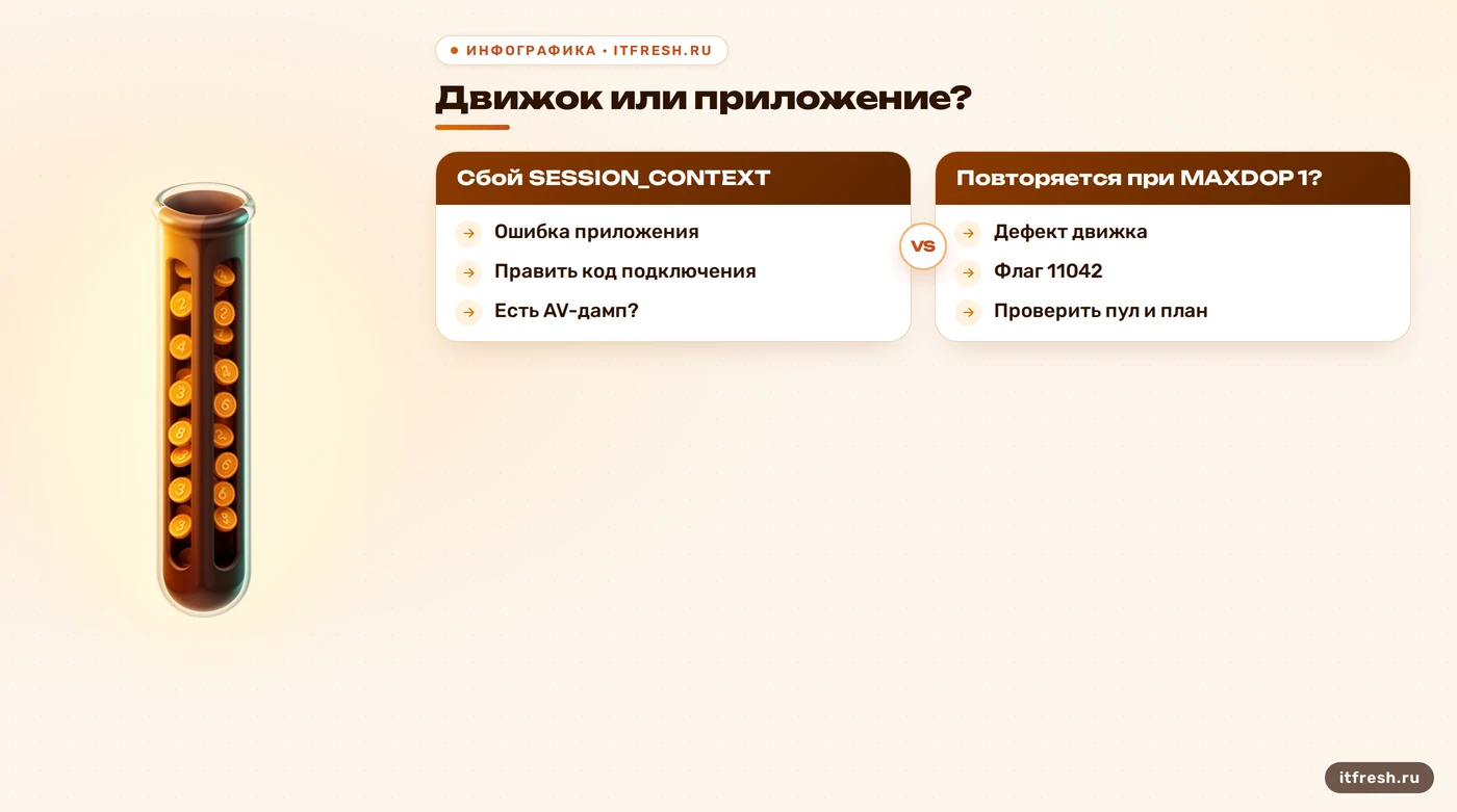 Дерево решений: как отличить дефект SESSION_CONTEXT в SQL Server 2025 от ошибки приложения по MAXDOP 1 и AV-дампу