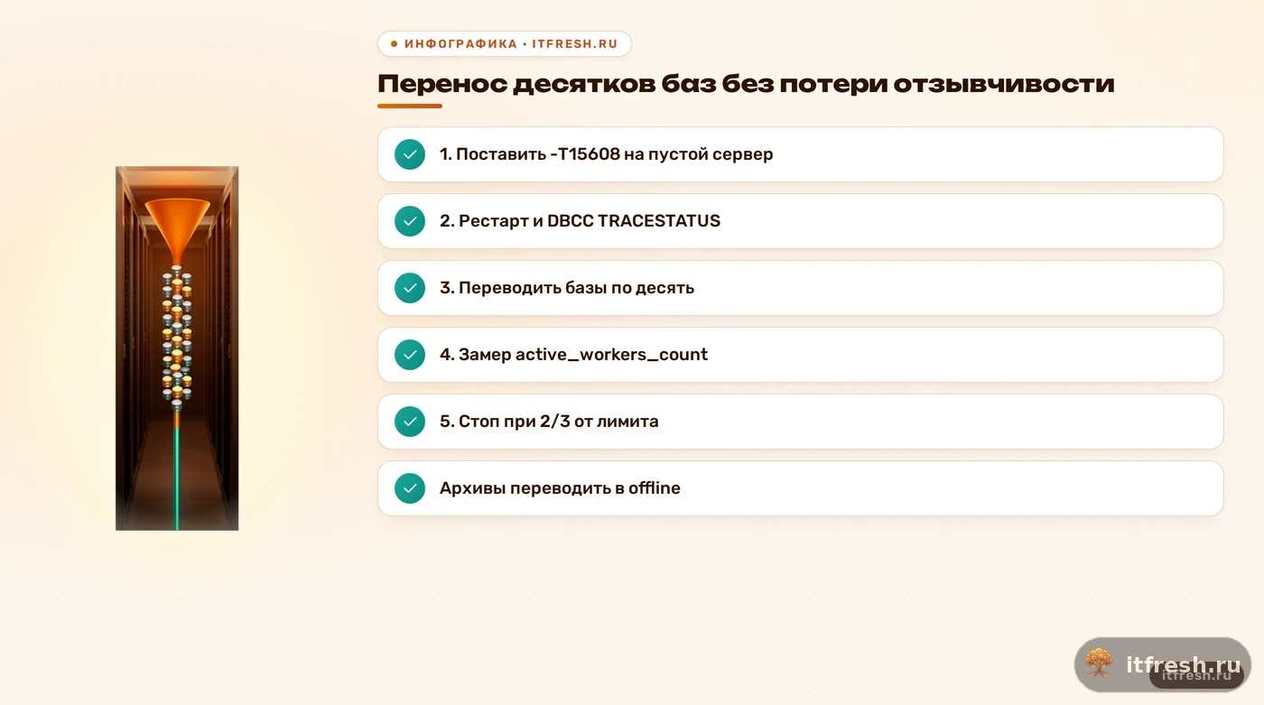 Чек-лист переноса баз в SQL Server 2025: флаг 15608 заранее, партии по десять, замер воркеров и порог остановки