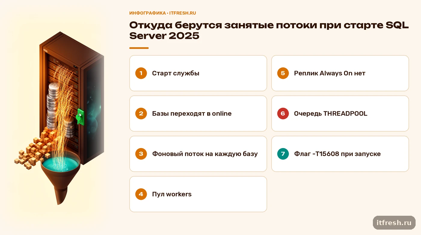 Схема: старт службы, базы в online, фоновый поток на базу, пул workers и очередь THREADPOOL