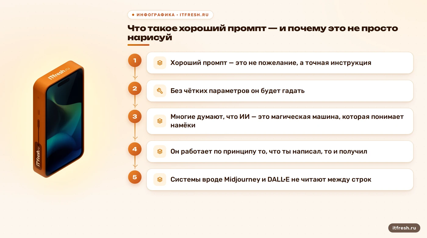 Что такое хороший промпт — и почему это не просто нарисуй: Хороший промпт — это не пожелание, а точная инструкция