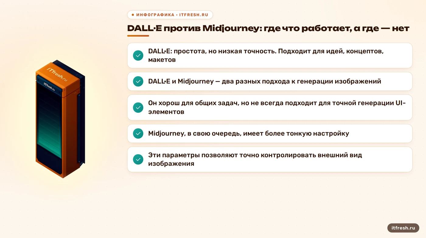 DALL·E против Midjourney: где что работает, а где — нет: DALL·E: простота, но низкая точность. Подходит для идей, концептов, макетов