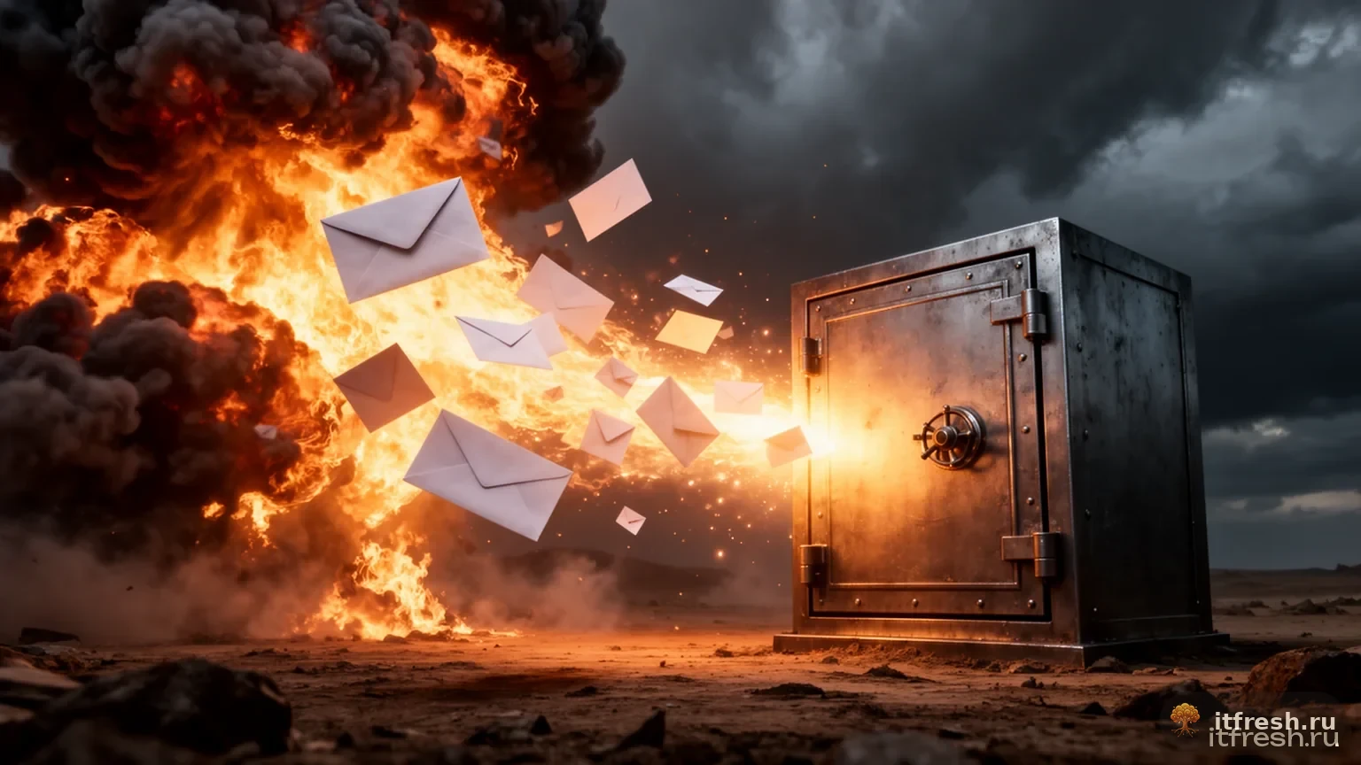 Письма уходят из горящего облака в надёжное хранилище — кинокадр FLUX.2