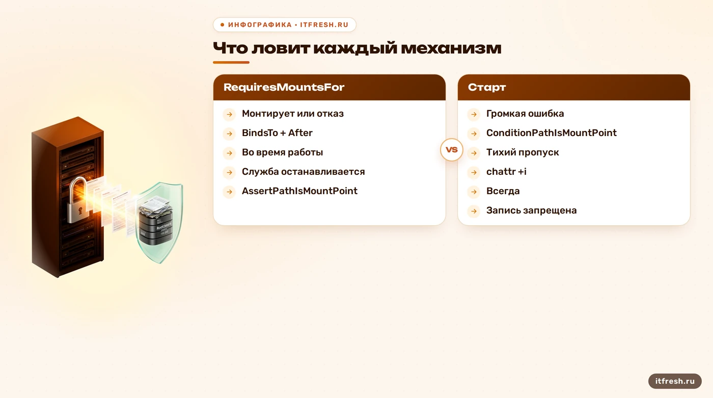 Таблица: RequiresMountsFor, BindsTo, Assert, Condition и chattr +i при привязке службы Linux к тому