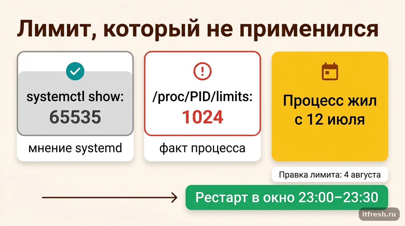 Кейс: systemctl show показывает LimitNOFILE 65535, а процесс живёт с лимитом 1024 после daemon-reload без рестарта