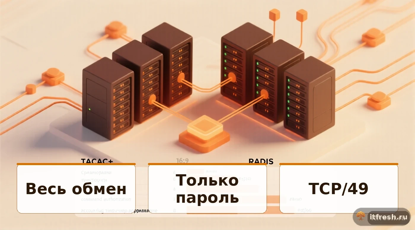 Сравнение TACACS+ и RADIUS: различия в шифровании, транспорте, AAA, авторизации команд и учёте