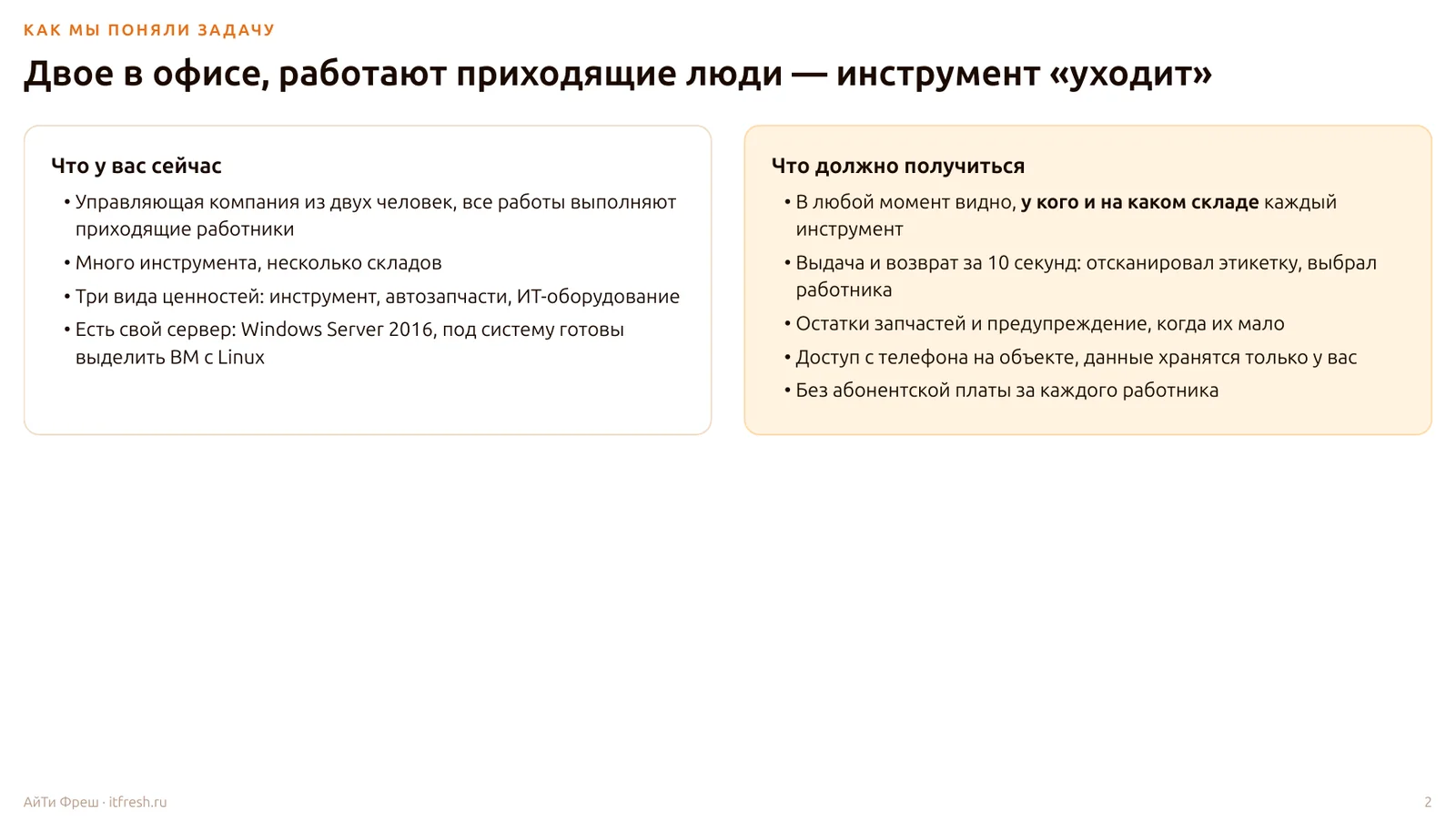 Слайд ITfresh: управляющая компания из двух человек, работы делают приходящие люди, инструмент уходит — что есть сейчас и что должно получиться