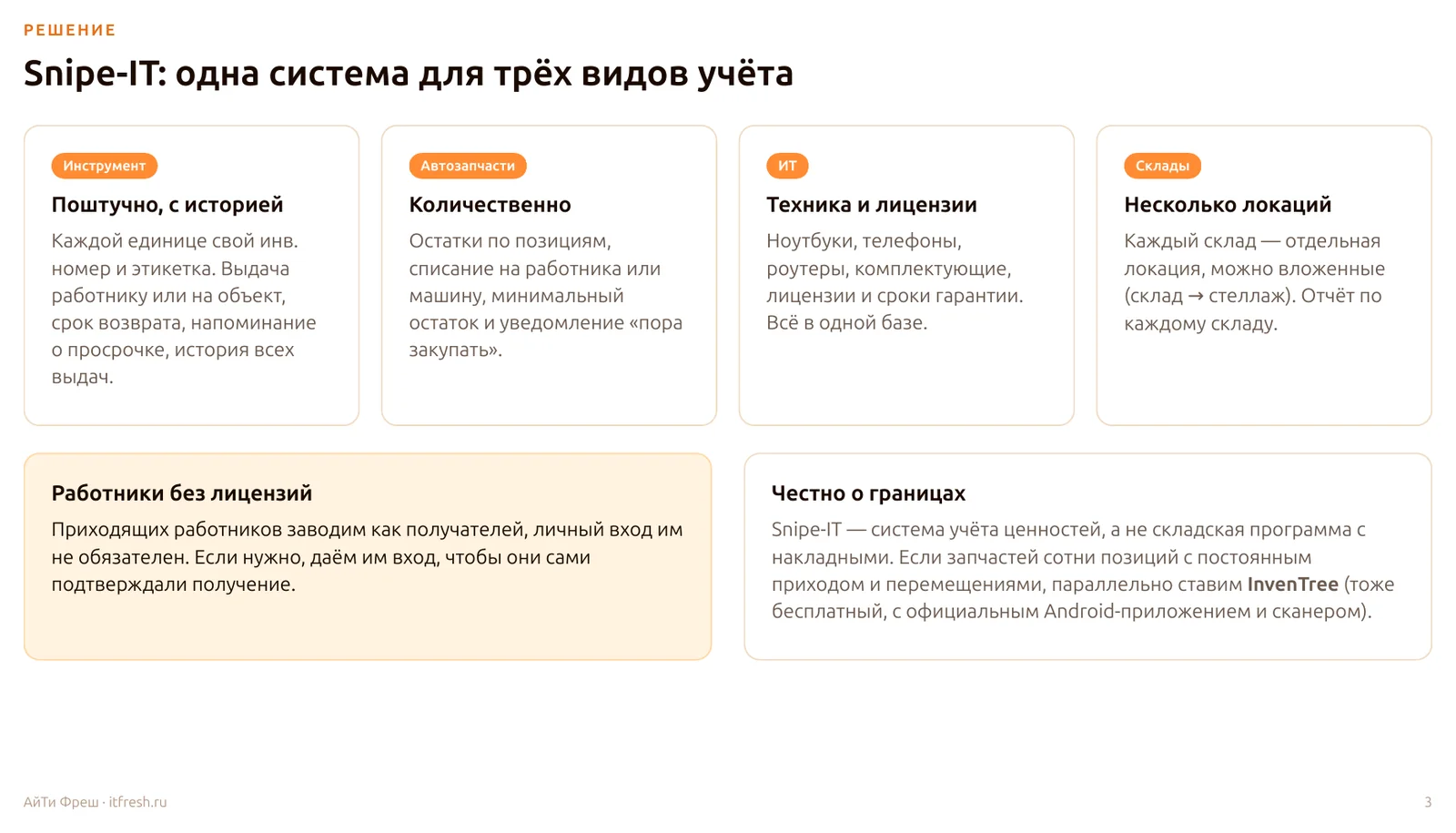 Слайд ITfresh: Snipe-IT как одна система для учёта инструмента, автозапчастей и ИТ, несколько складов, работники без лицензий и границы системы