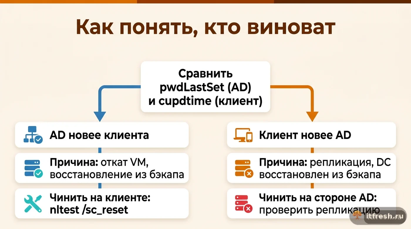 Схема диагностики ошибки доверительных отношений: сравнение pwdLastSet в Active Directory и cupdtime на компьютере
