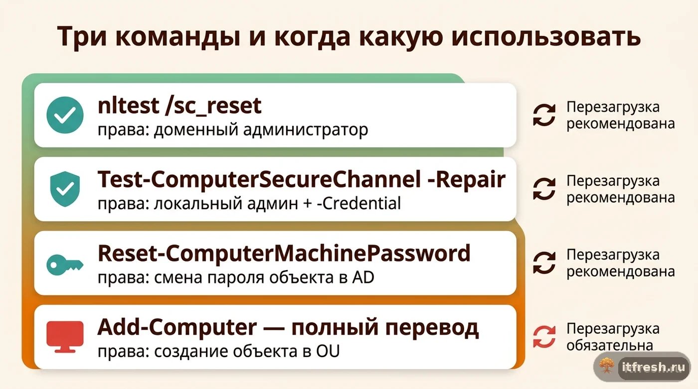 Сравнение четырёх способов восстановить доверие компьютера к домену: от быстрой команды до полного перевода в домен