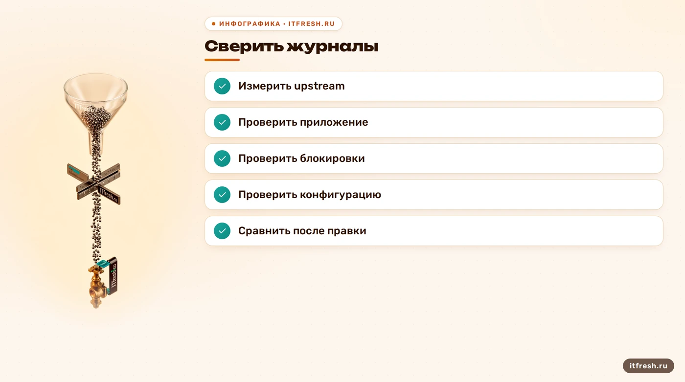 Последовательность проверки и исправления upstream timeout