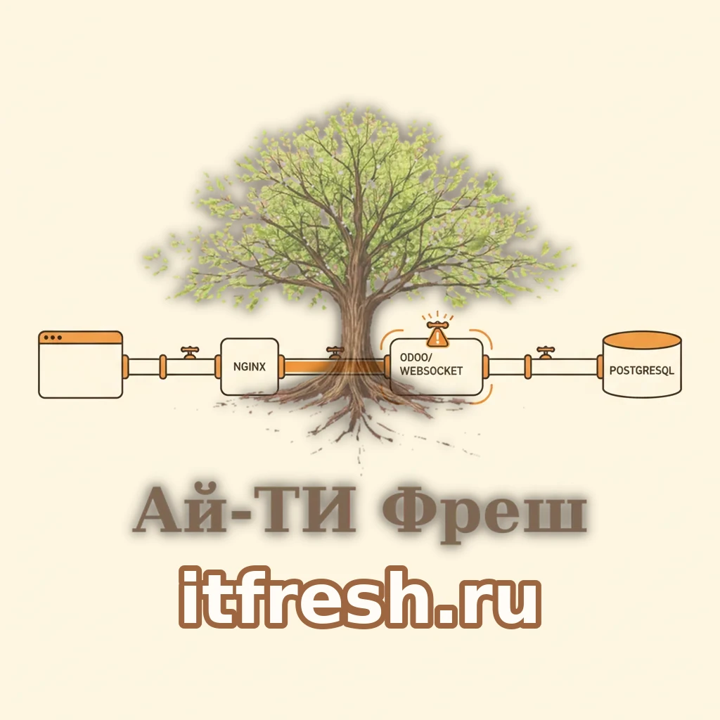 Схема потока запросов: браузер по HTTPS на nginx, оттуда на Odoo порт 8069 и отдельной веткой websocket на порт 8072, за ними PostgreSQL