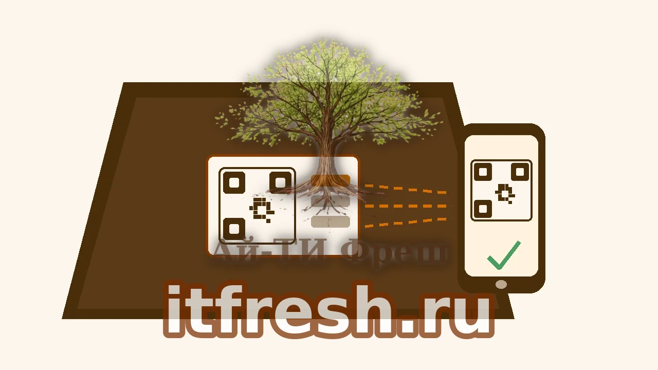 QR-наклейка с инвентарным тегом на крышке ноутбука и смартфон, сканирующий код камерой