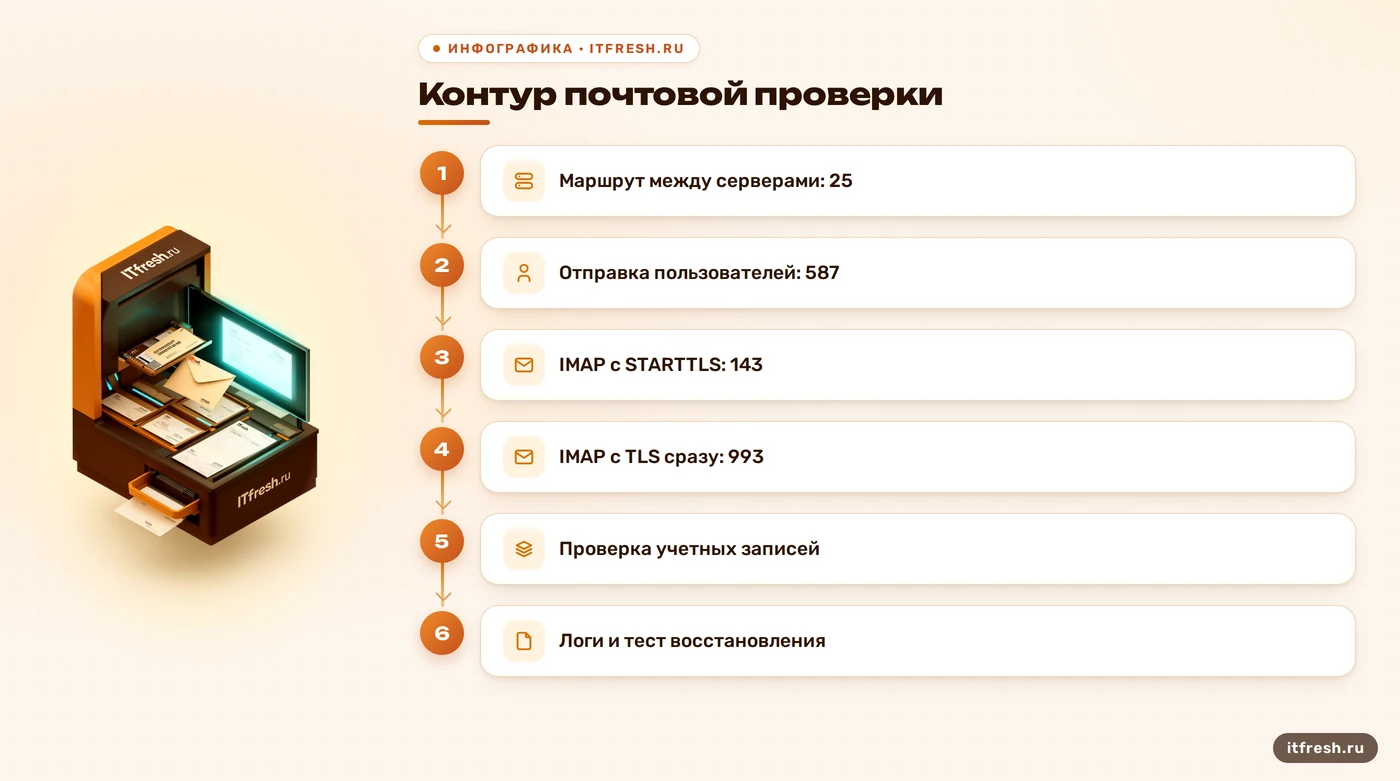 Схема портов и проверок аудита почтового сервера