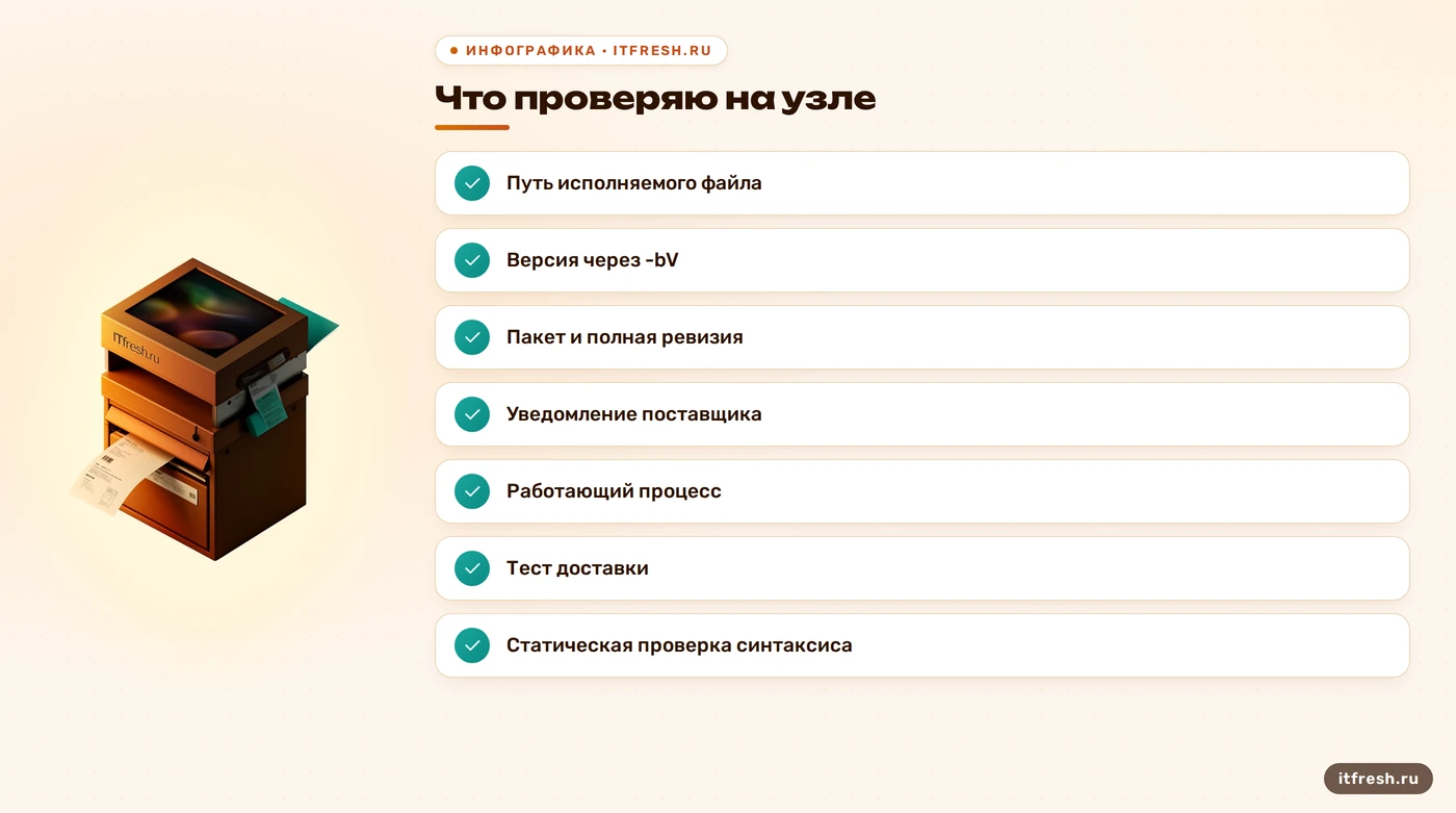 Проверка Exim: от исполняемого файла и пакета до работающего процесса и доставки