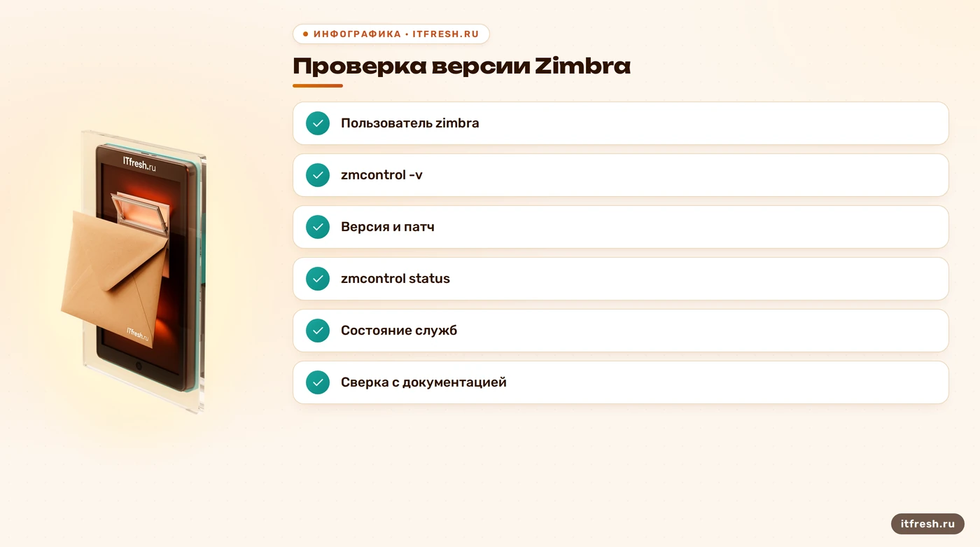 Чеклист Zimbra: версия через zmcontrol -v, состояние служб через status