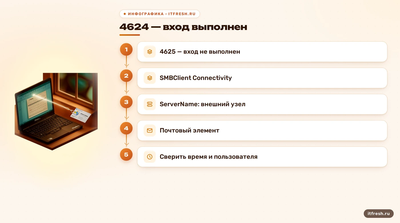 Матрица журналов 4624 и 4625, SMBClient и почтовых находок