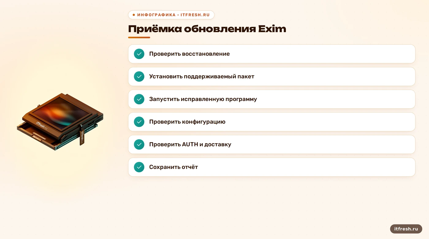Порядок проверки обновления Exim: восстановление, пакет, работающая служба и доставка почты