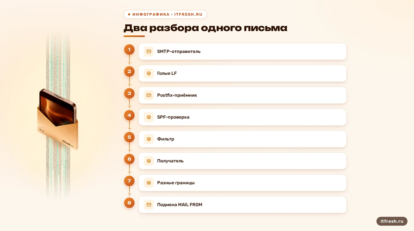 Схема SMTP smuggling и разного разбора письма в Postfix