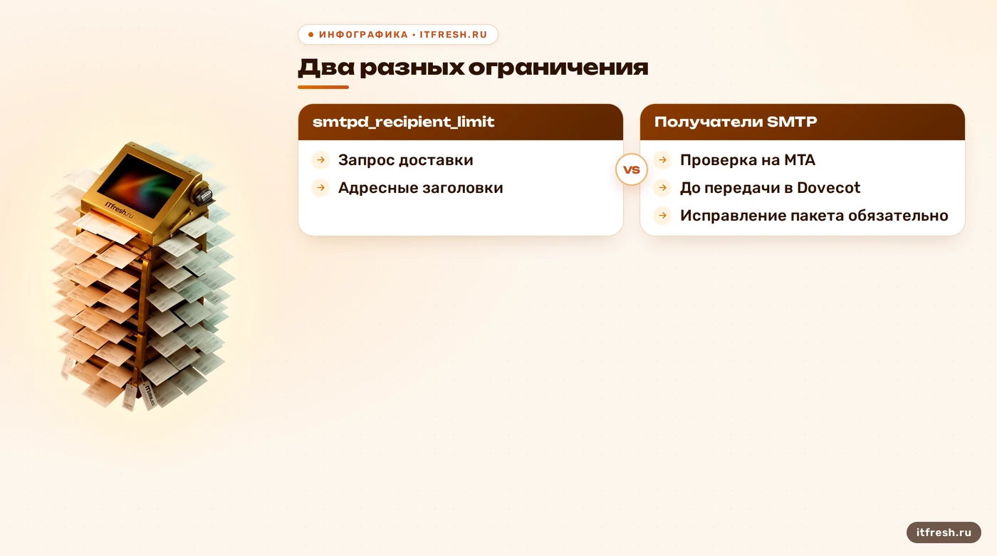 Для CVE-2024-23184 лимит получателей Postfix отличается от проверки адресных заголовков