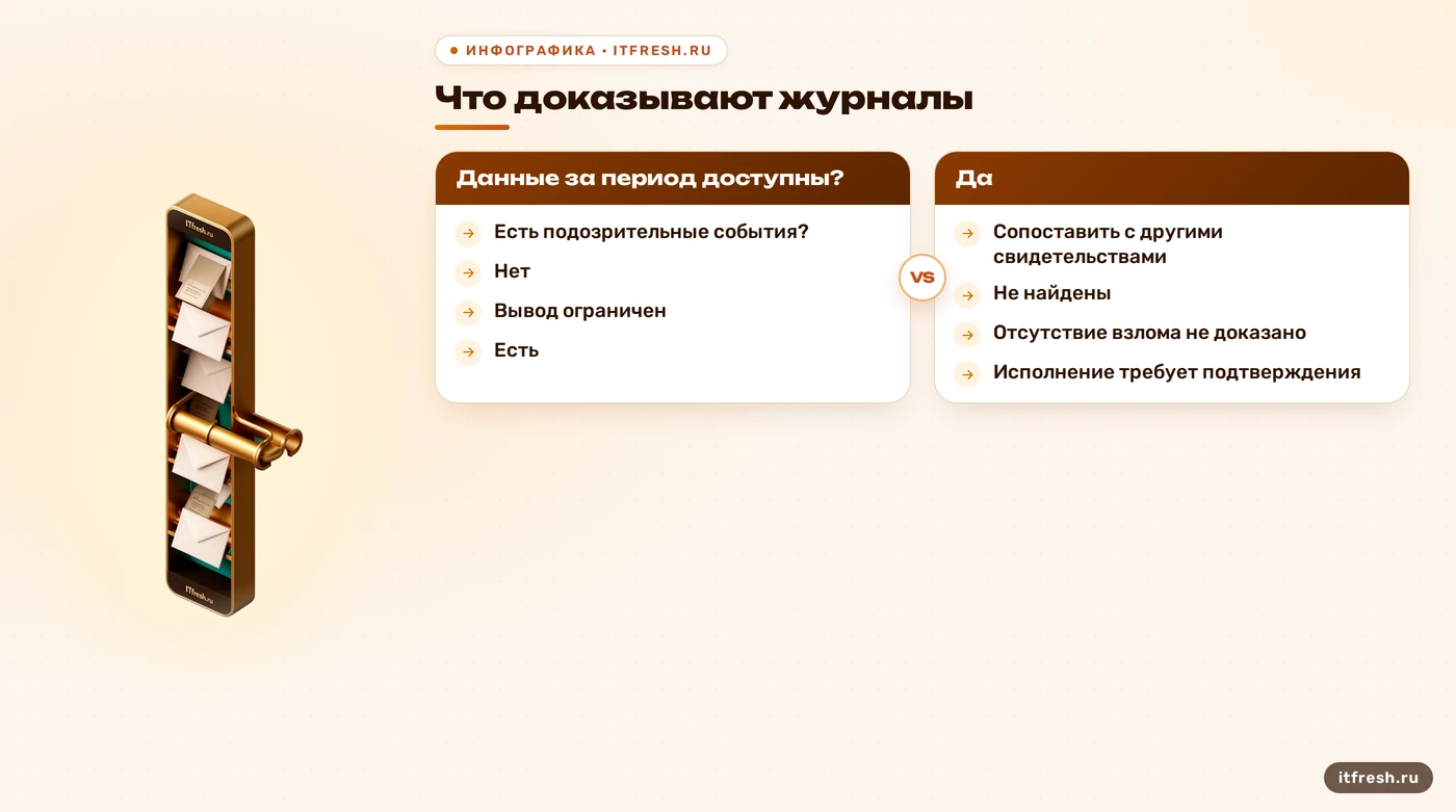 Дерево оценки журналов Zimbra: подозрительные события требуют подтверждения, пробелы ограничивают вывод.