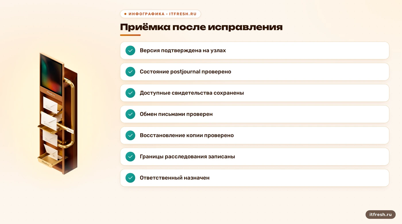 Чек-лист приёмки Zimbra: версия, postjournal, свидетельства, доставка, восстановление и ответственный.