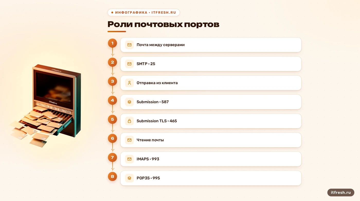 Схема назначения портов SMTP, IMAP и POP для почтового сервера