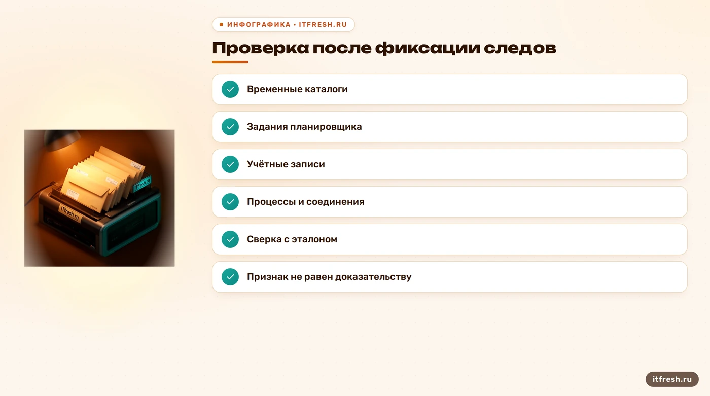 Чек-лист проверки временных файлов, задач и учётных записей сервера