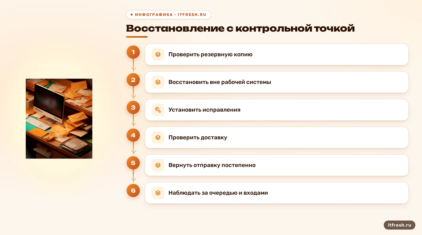 Последовательность проверки резервной копии и возврата почты в работу