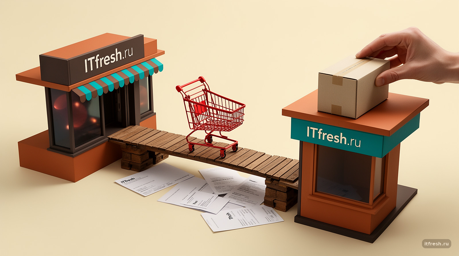 Метафора переноса OpenCart: тележка на мосту и служебный архив вне витрины