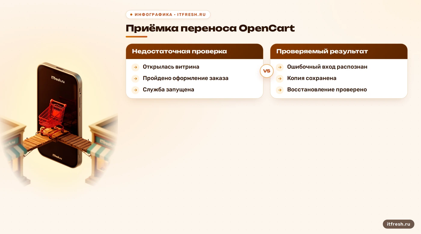 Сравнение формального запуска и проверенной приёмки OpenCart после переноса