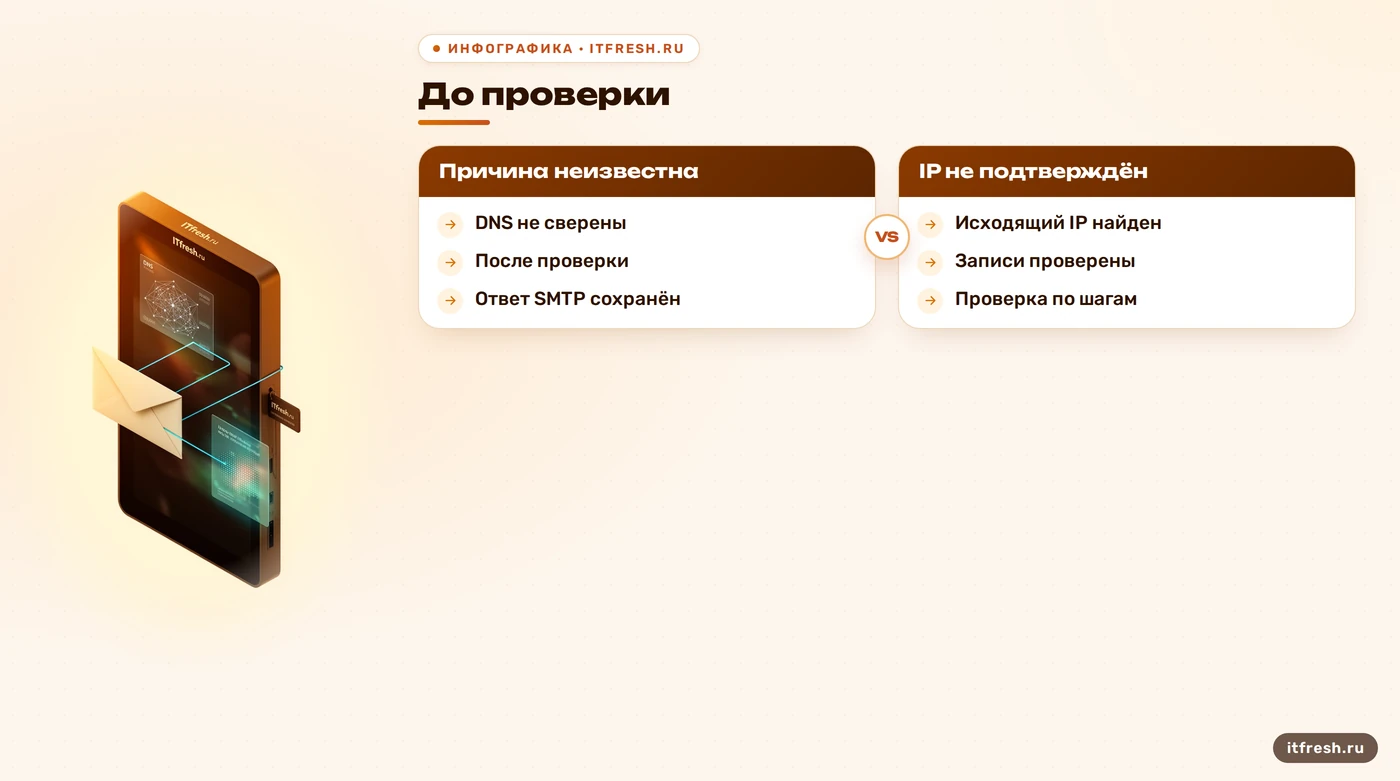 Сравнение проверки DNS и маршрута почты до и после диагностики