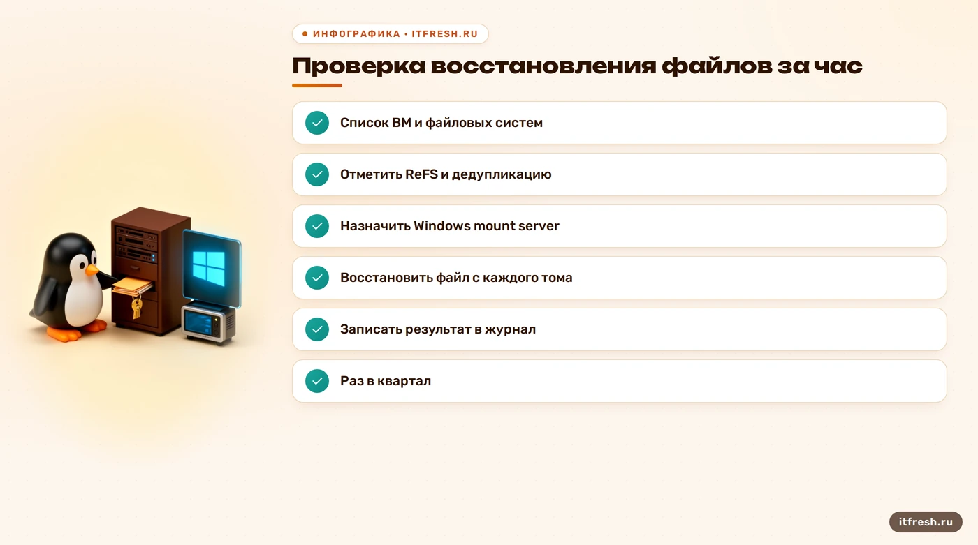 Чек-лист проверки восстановления файлов Veeam: список ВМ, ReFS, Windows mount server, тест, журнал