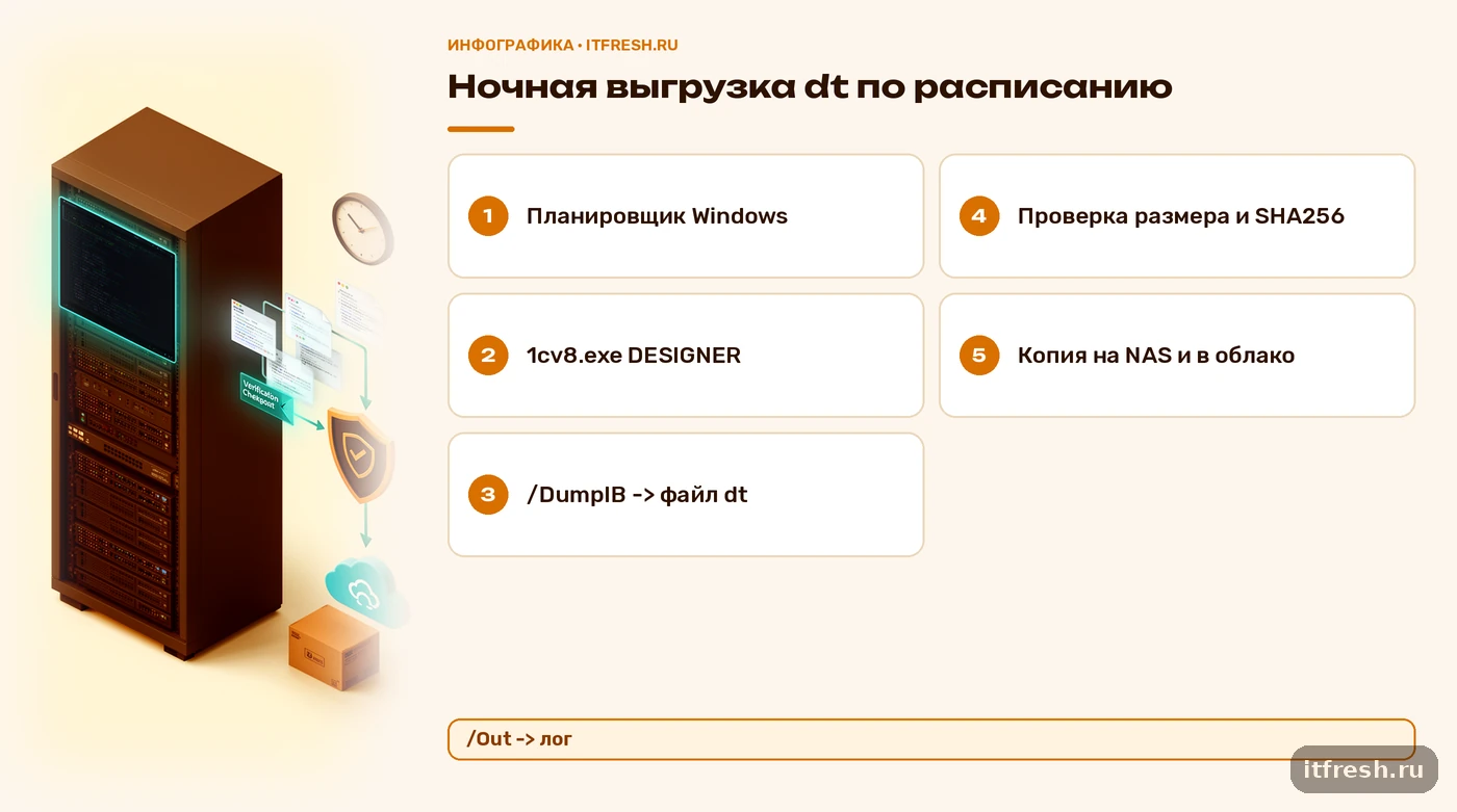 Схема ночной выгрузки dt: планировщик, DESIGNER, DumpIB, проверка SHA256, копия