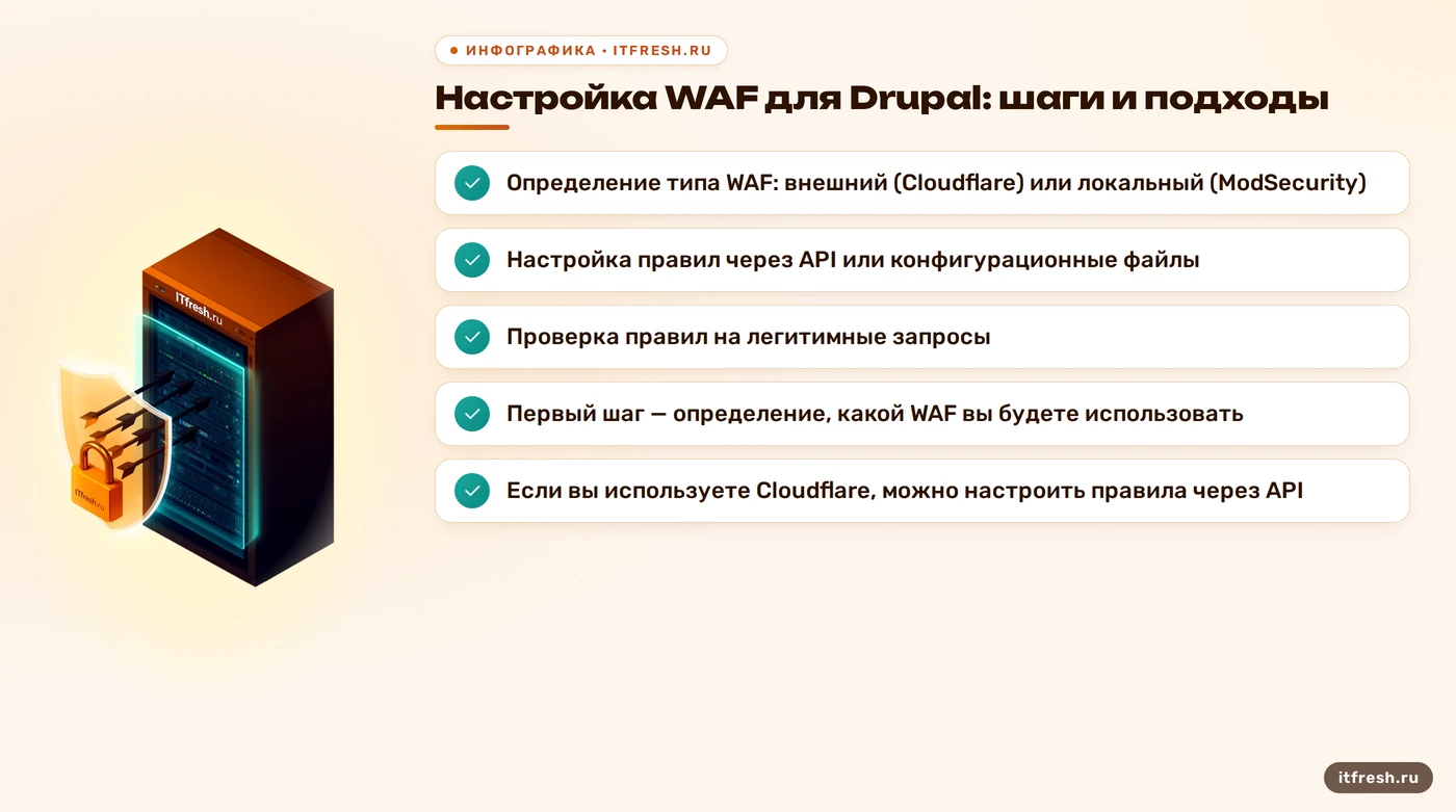 Настройка WAF для Drupal: шаги и подходы: Определение типа WAF: внешний (Cloudflare) или локальный (ModSecurity)