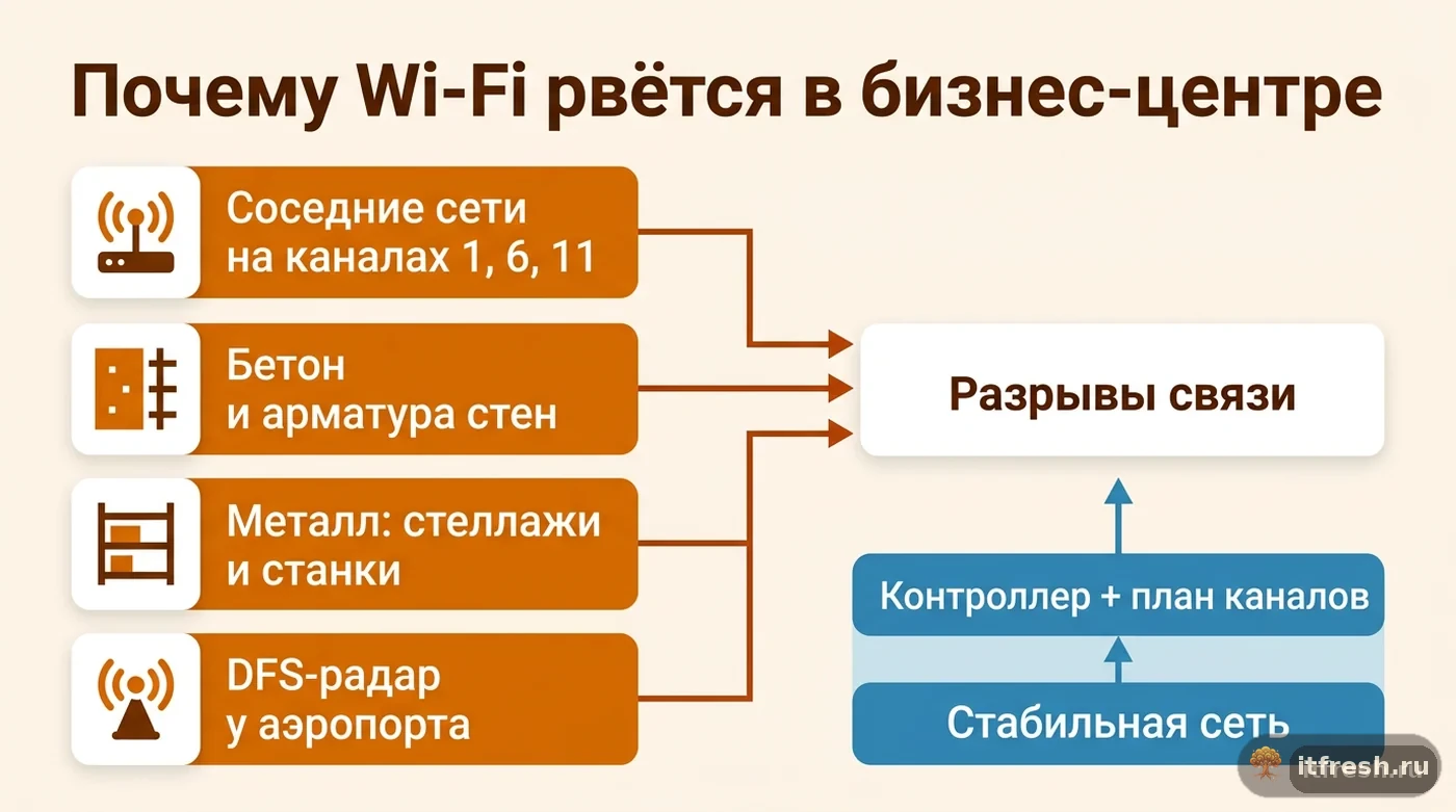 Схема причин разрывов Wi-Fi в бизнес-центре: соседские сети, бетонные стены, металл и DFS-радар против решения через контроллер