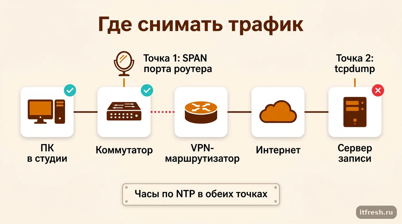 Схема двух точек захвата трафика Wireshark и tcpdump для поиска места потери пакетов