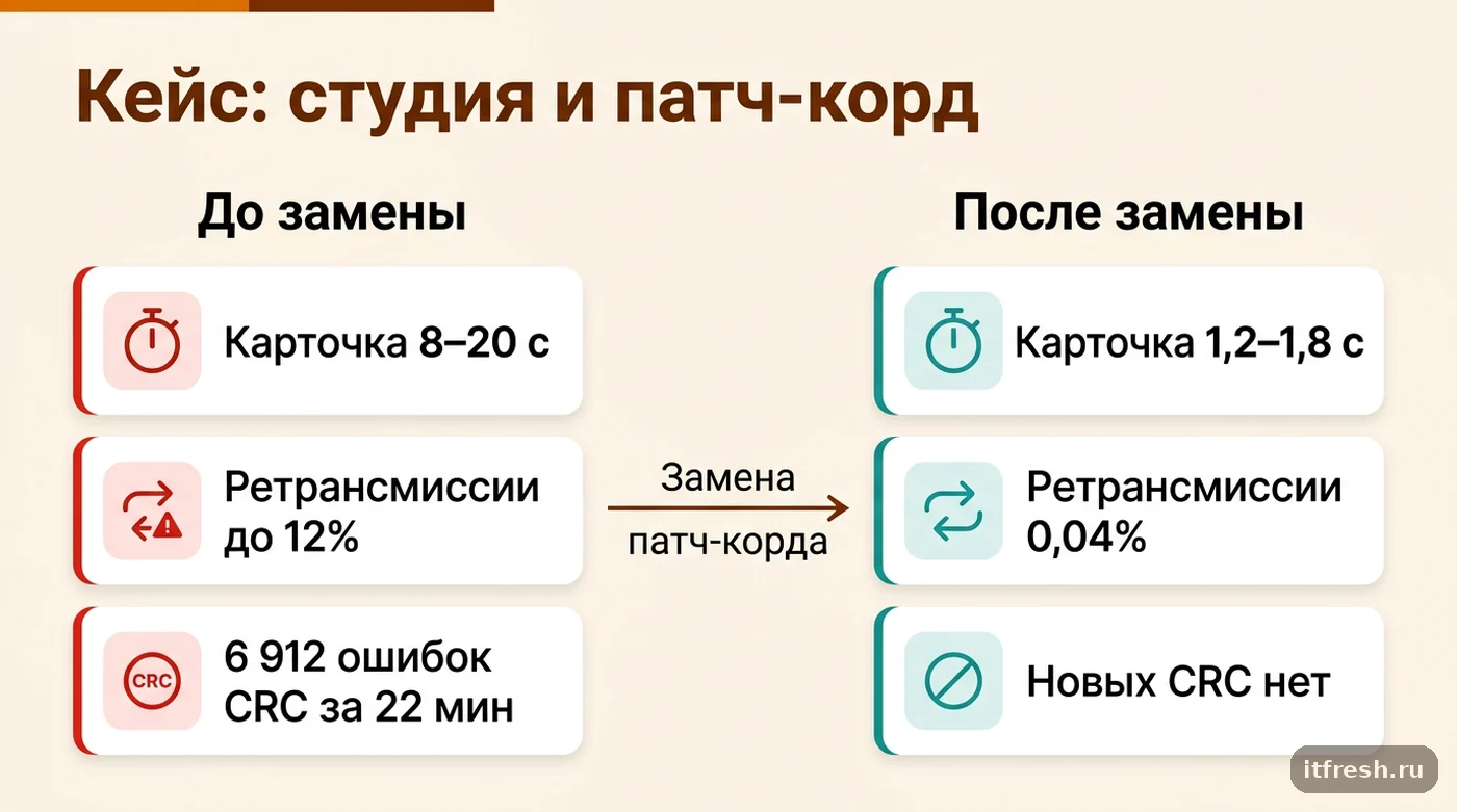 Результаты до и после замены патч-корда: время открытия карточки, ретрансмиссии TCP, ошибки CRC