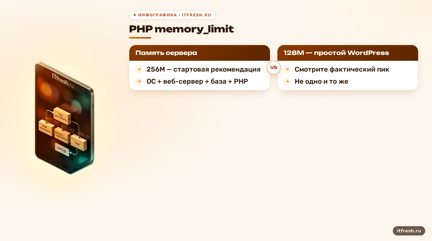 Сравнение лимита памяти PHP и общей RAM сервера WordPress