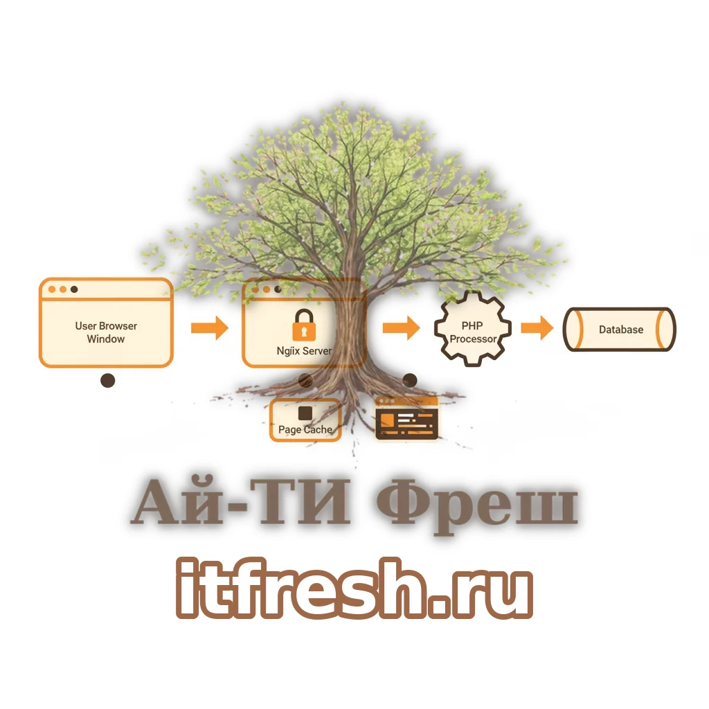 Архитектура LEMP-стека для WordPress: браузер обращается к nginx по HTTPS на порт 443, nginx передаёт PHP-запросы в пул PHP-FPM, тот работает с базой MariaDB; рядом кэш страниц и терминал WP-CLI