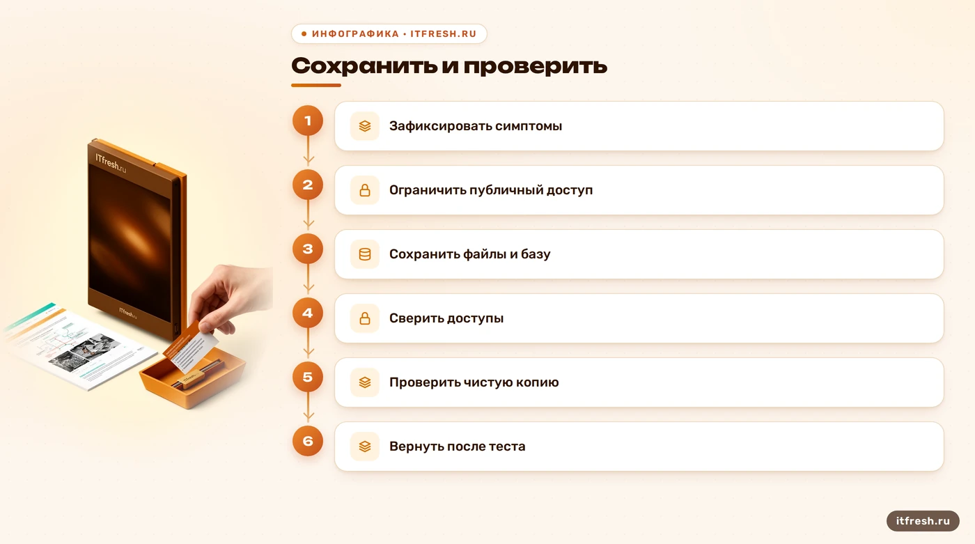 Схема действий при взломе WordPress: фиксация, копия и проверка