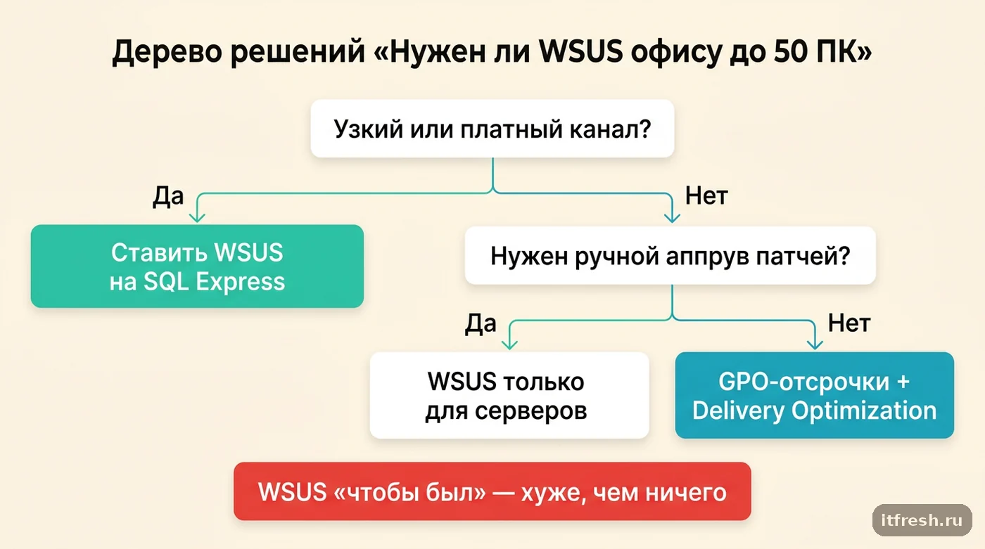 Дерево решений: когда офису нужен WSUS, а когда хватит GPO-отсрочек и Delivery Optimization
