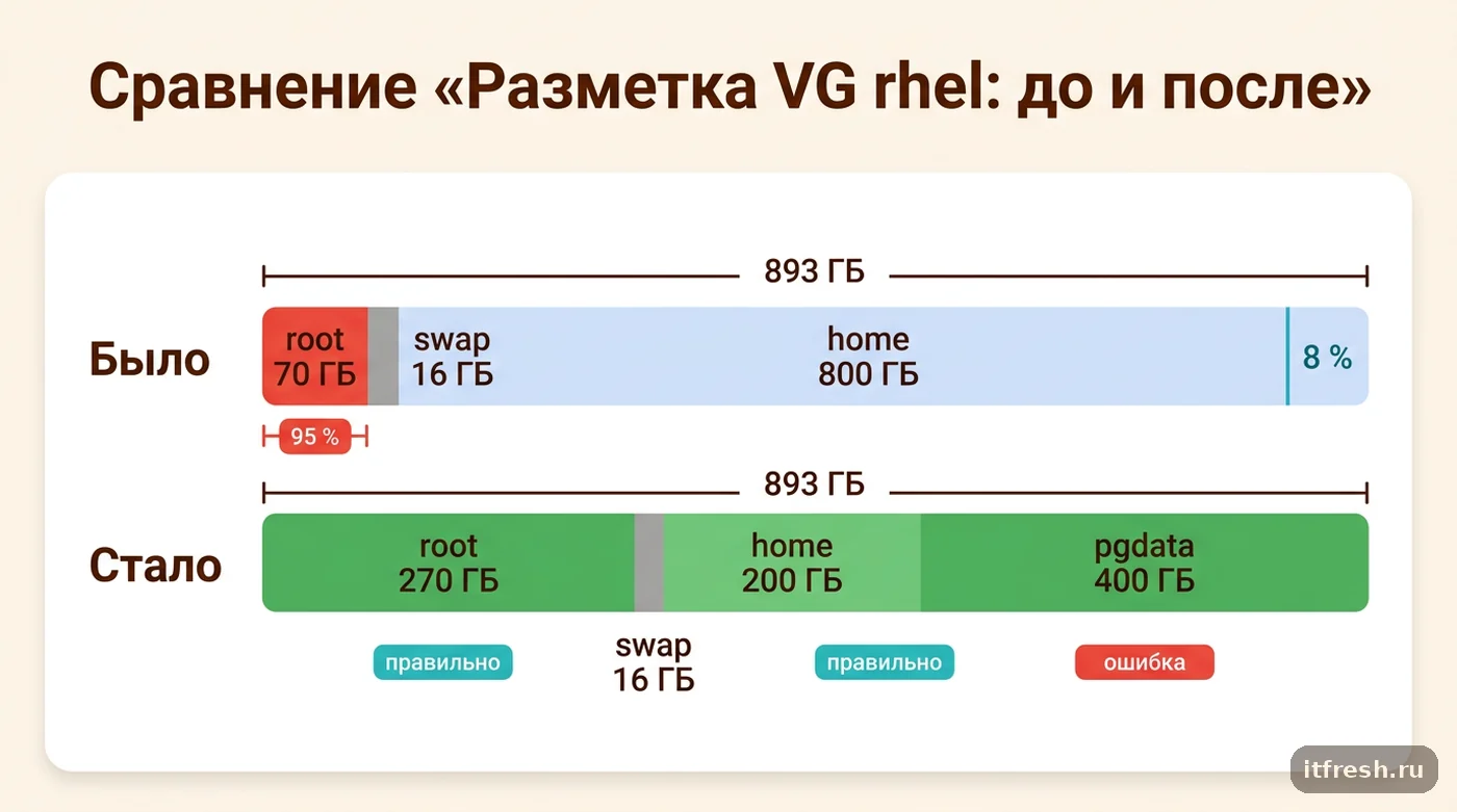 Разметка LVM до и после: /home 800 ГБ уменьшен до 200 ГБ, корень расширен, выделен том под PostgreSQL