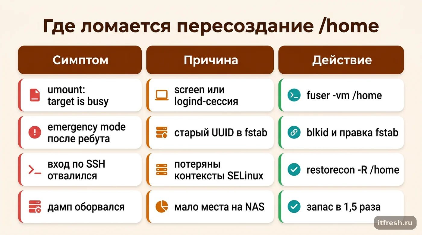 Симптом, причина и действие при сбоях уменьшения /home на XFS: занятый том, UUID, SELinux, нехватка места