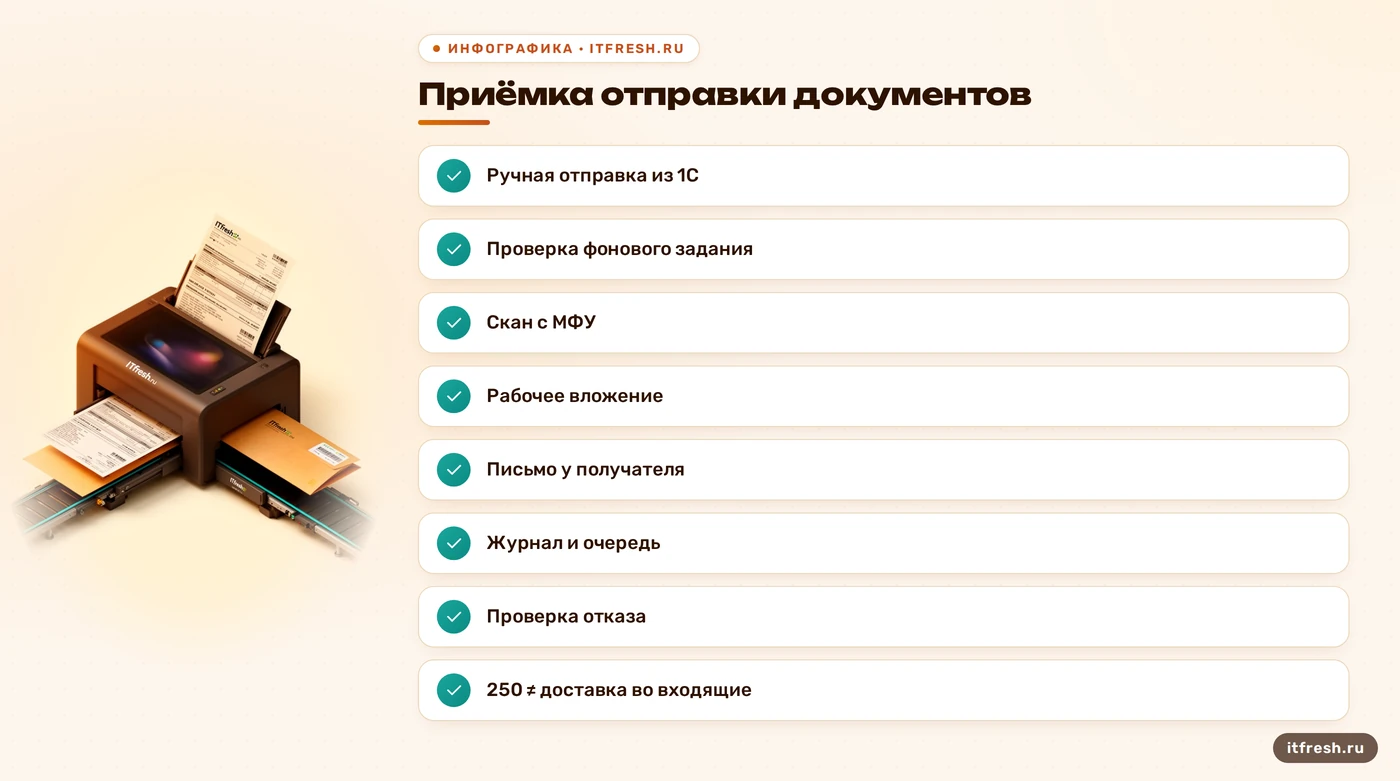 Чеклист доставки из 1С и МФУ с проверкой очереди и отказов SMTP