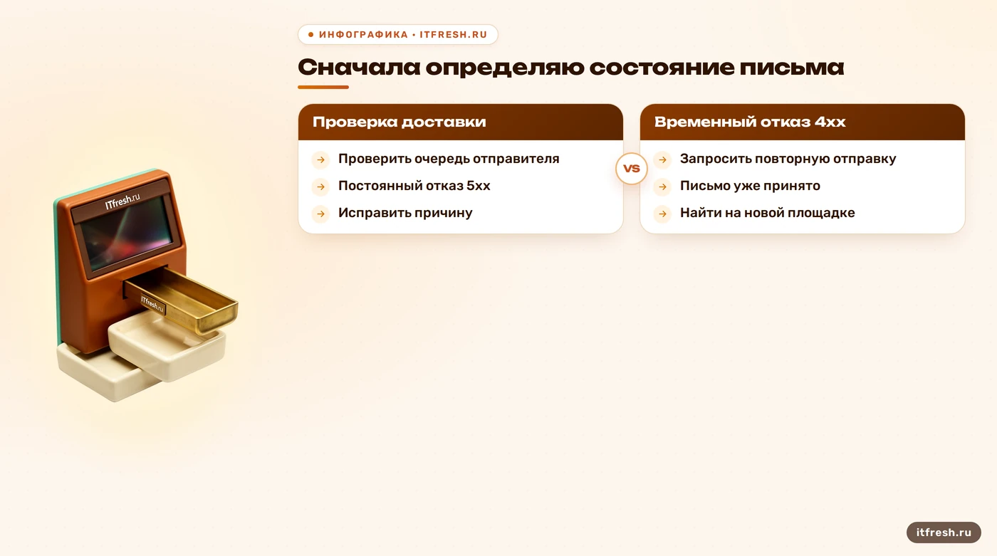 Дерево решений при откате почты: временный отказ, постоянный отказ и уже принятое сообщение.